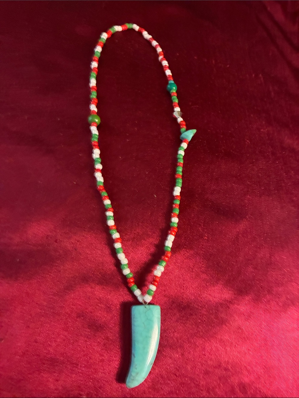 Beaded Turquoise Tooth Pendant Necklace in Red, Green & White - Unbranded